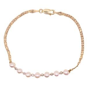 14k Yellow Gold Mexico Pearl Diamond Line Dainty Chain Bracelet 6.75"